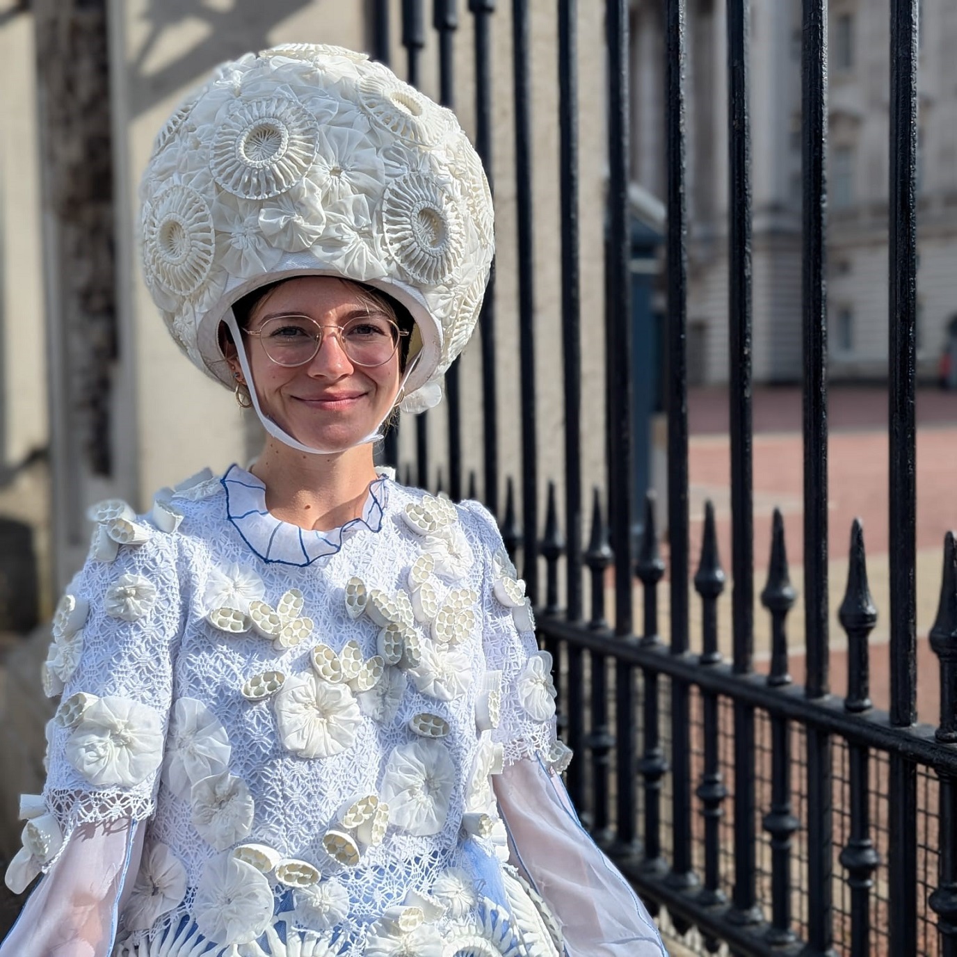 Elin Meek from PML wearing the plankton dress outside Buckingham Palace