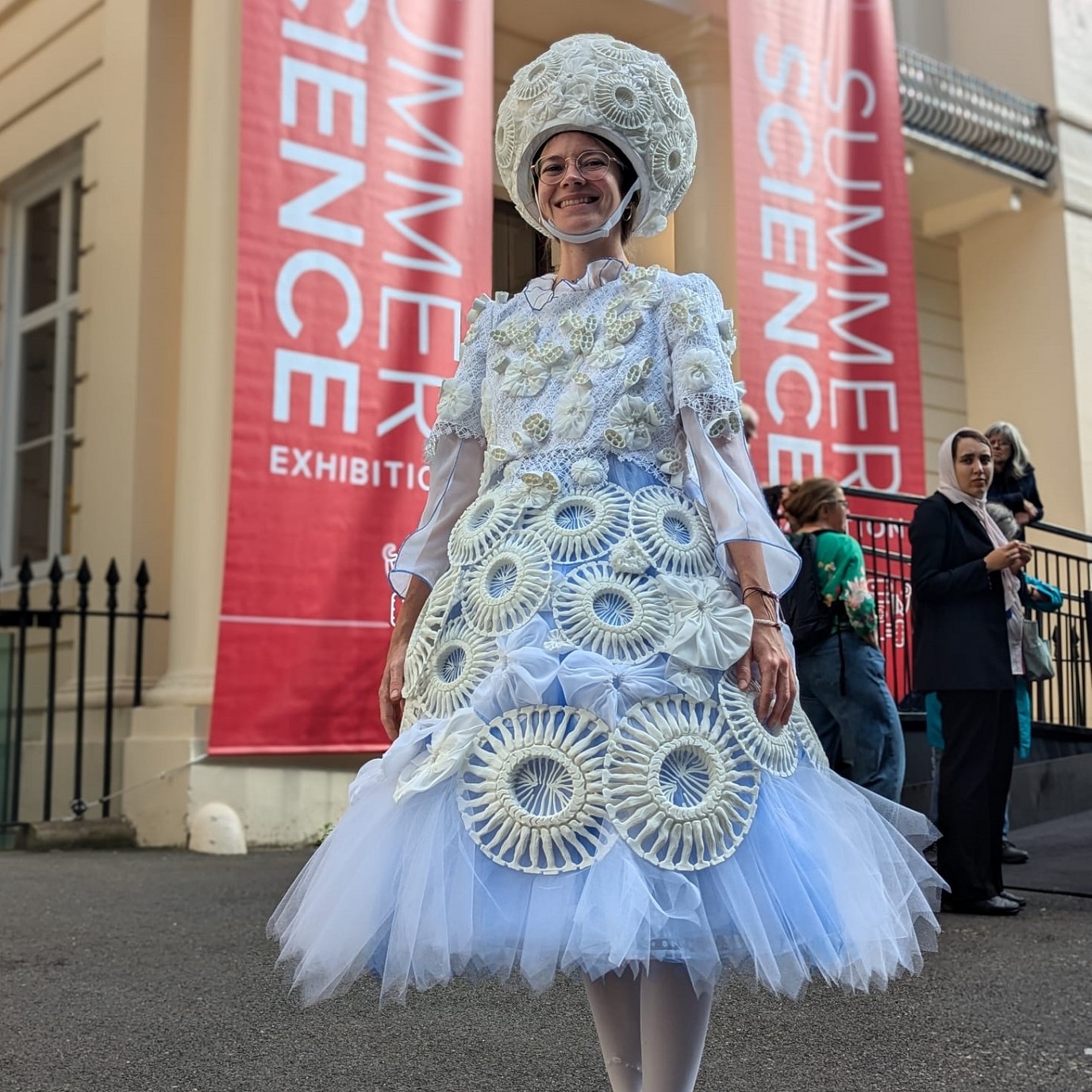 Elin Meek from PML wearing the plankton dress outside the science exhibition